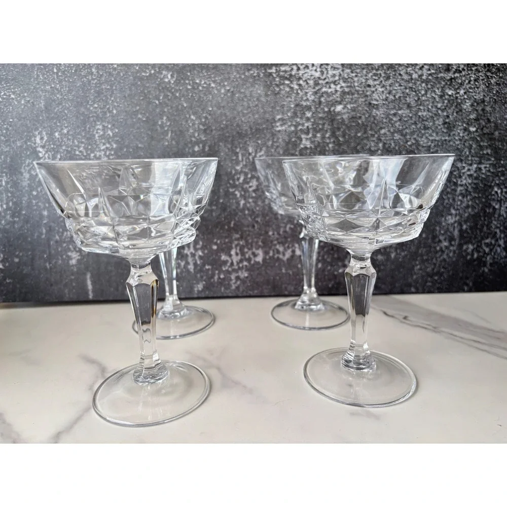 Vintage Crystal Champagne Coupe Glasses Set‎ of 4 Diamond Cut Pedestal Stemware